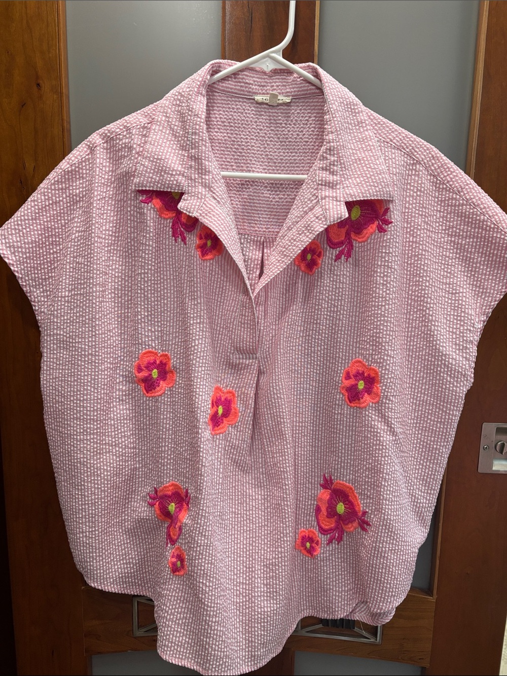 Pink Embroidered Floral Seersucker Women’s Top